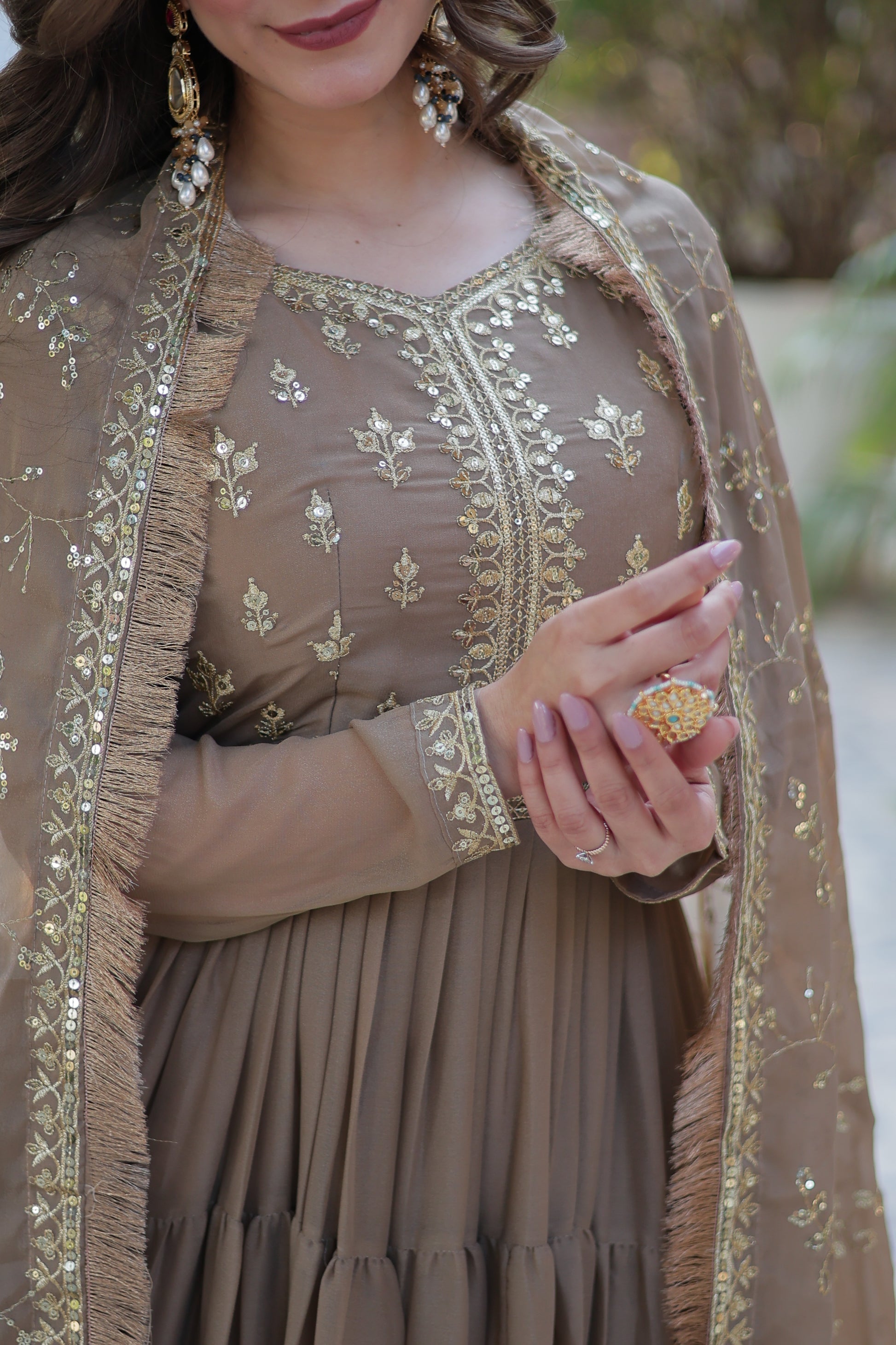 Minha beige embroidered flared anarkali gown set