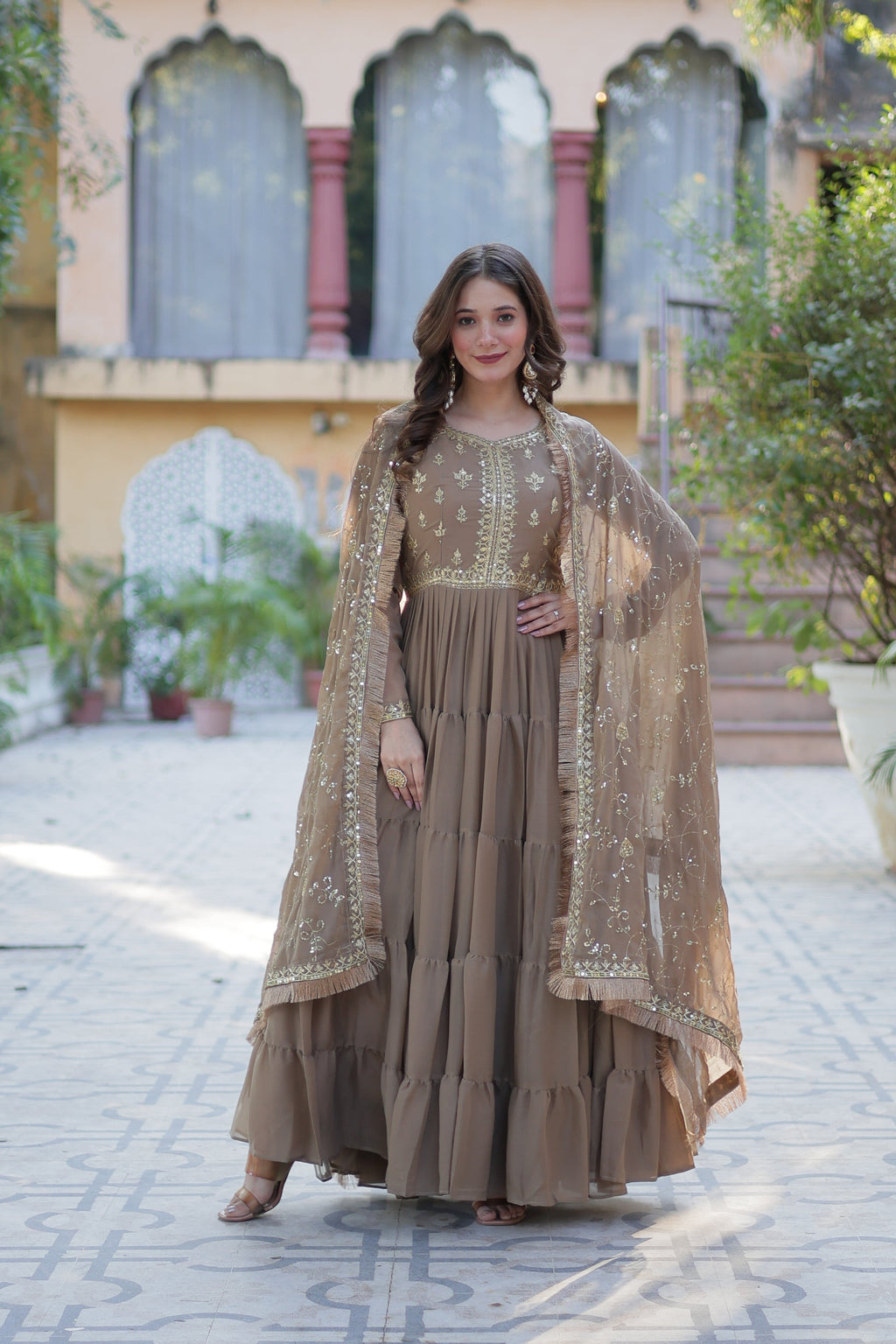 Minha beige embroidered flared anarkali gown set