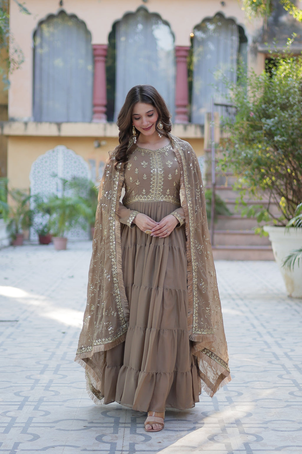 Minha beige embroidered flared anarkali gown set