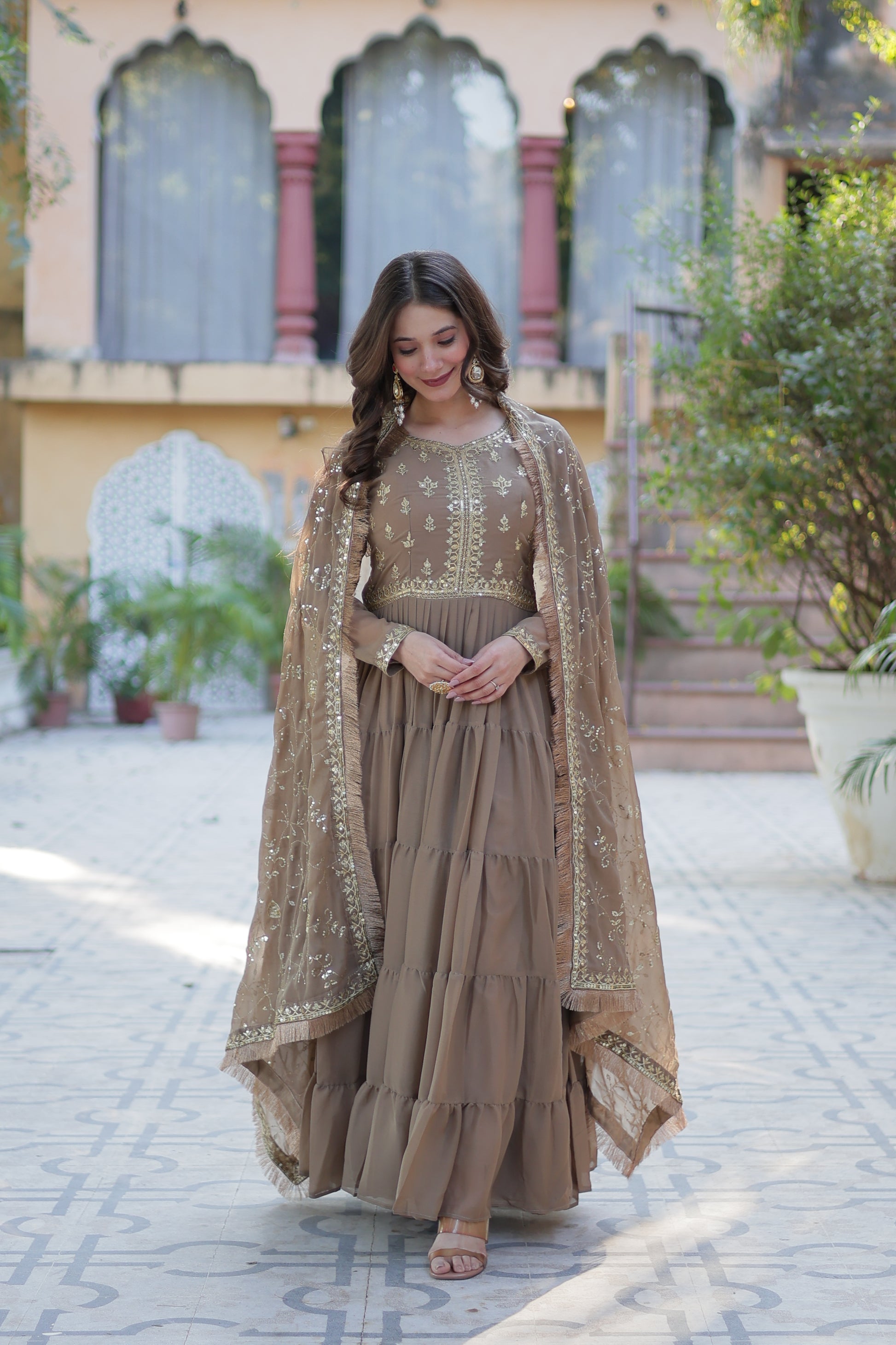 Minha beige embroidered flared anarkali gown set