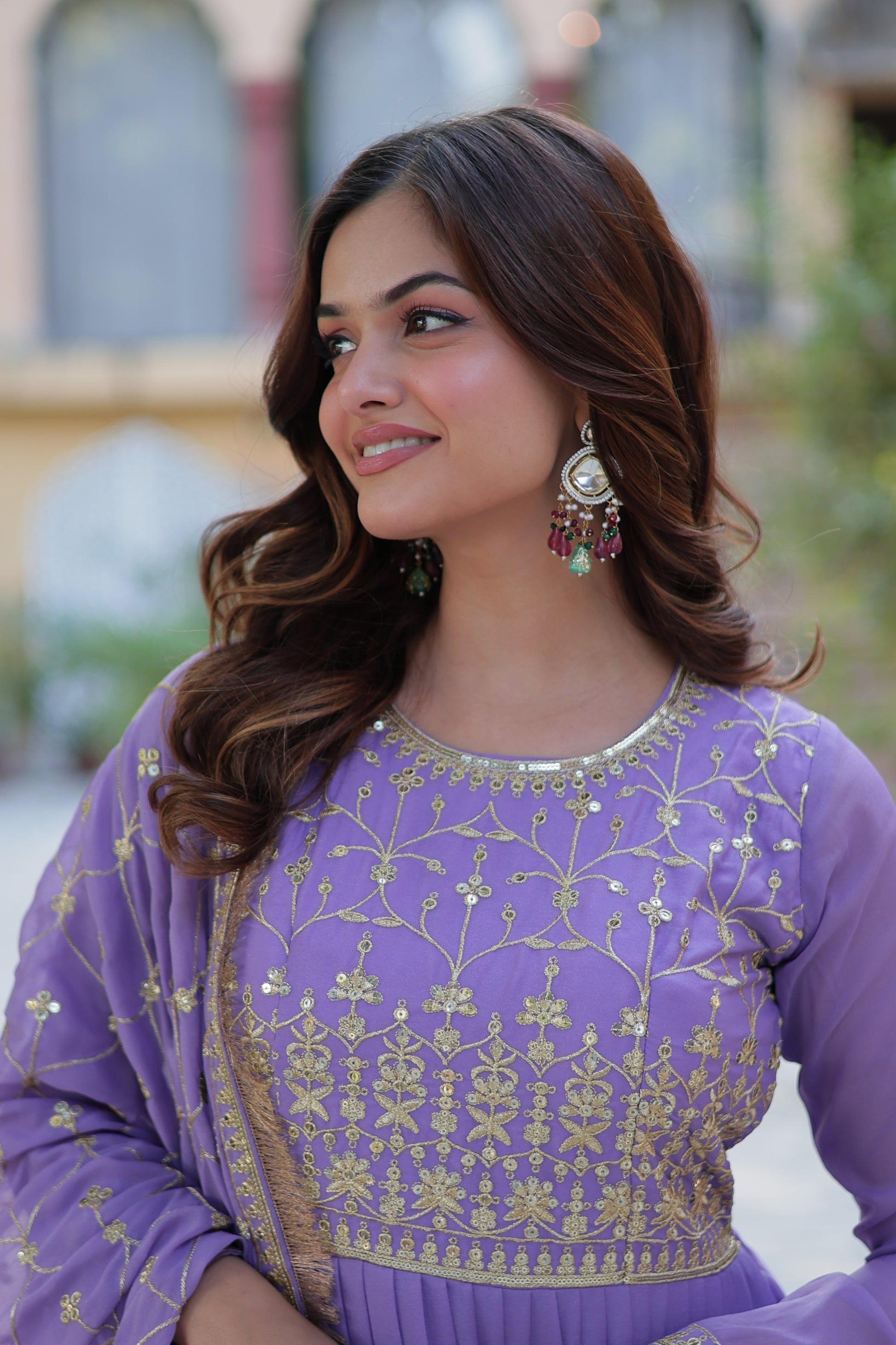Minha purple embroidered flared anarkali gown set
