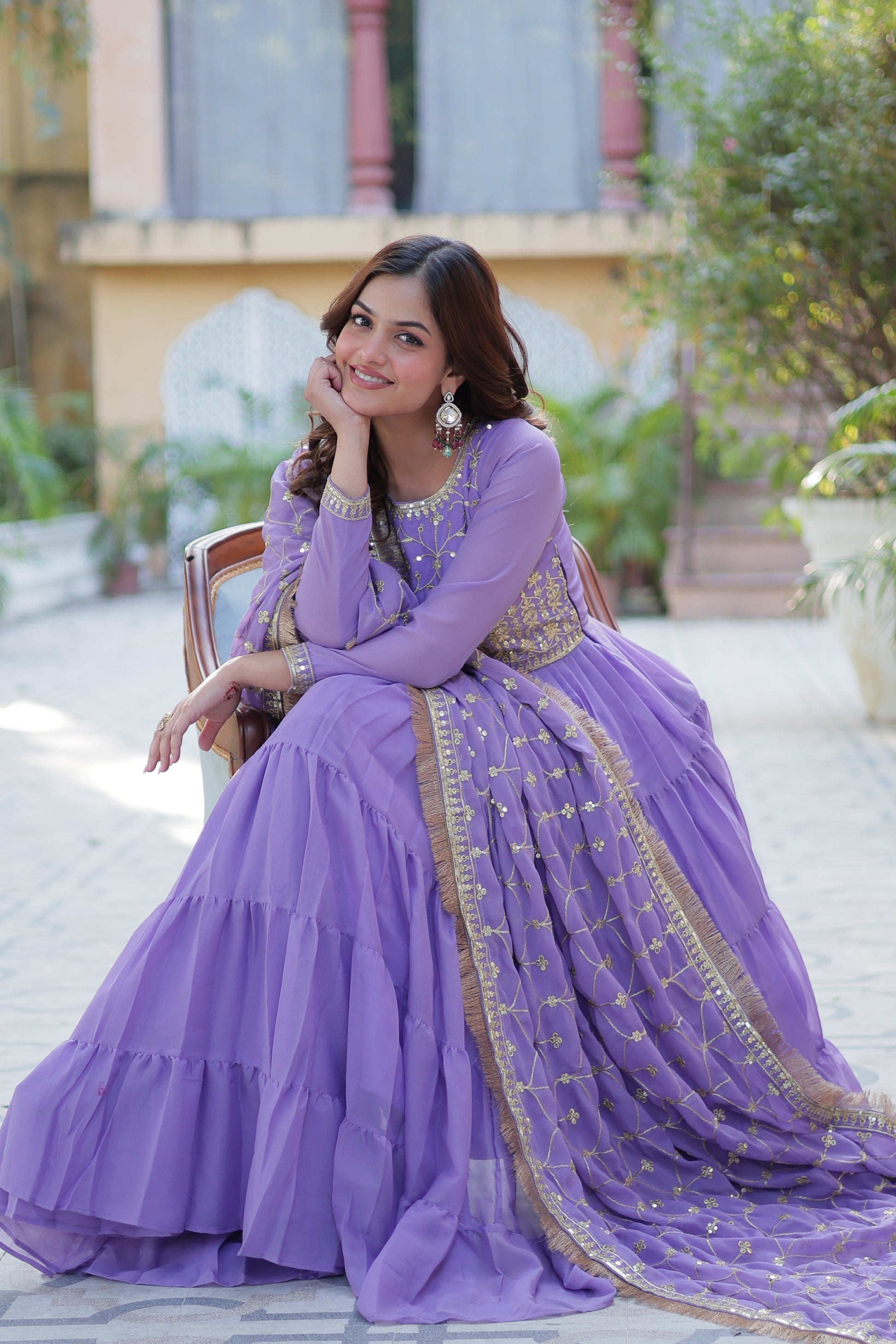 Minha purple embroidered flared anarkali gown set