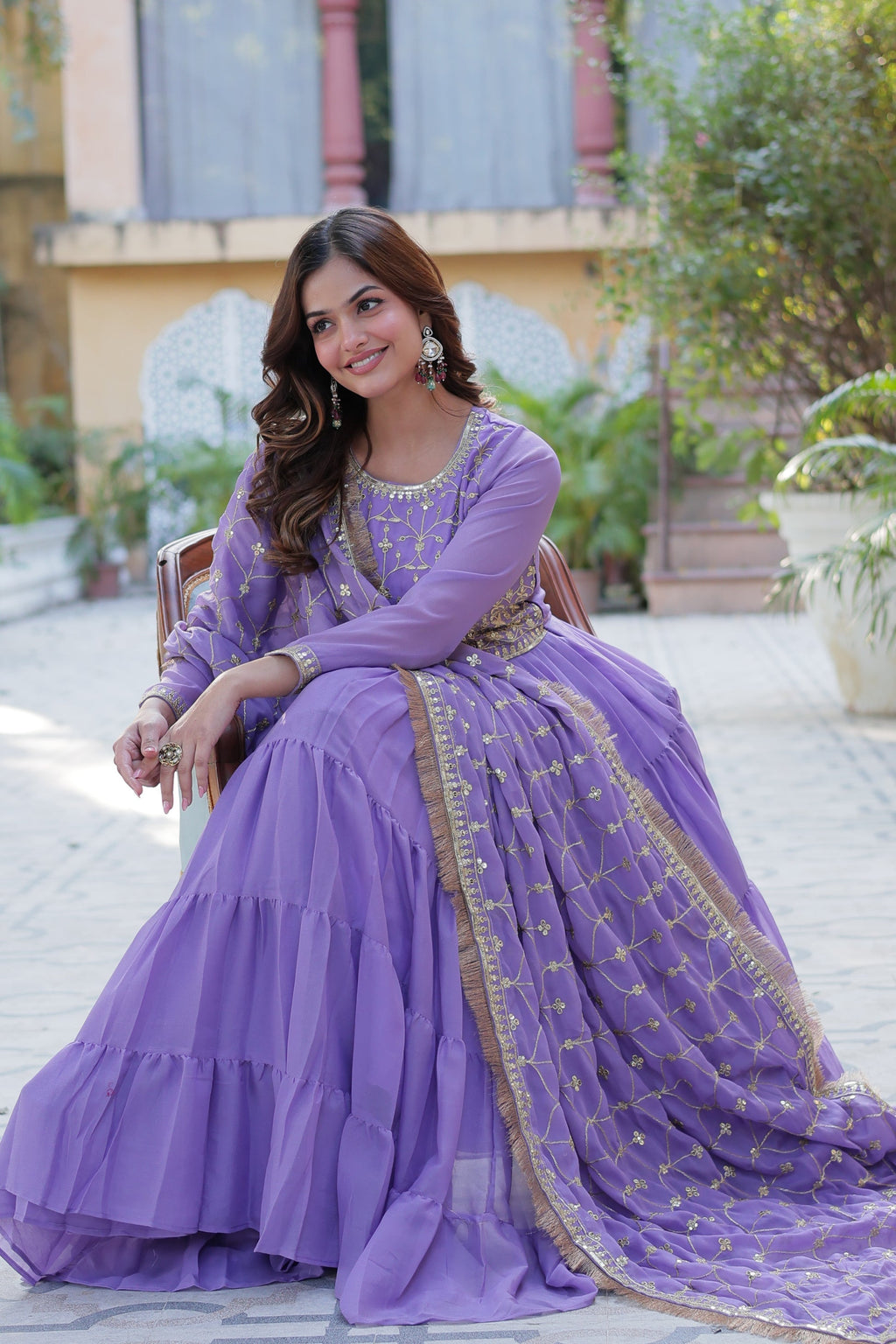 Minha purple embroidered flared anarkali gown set