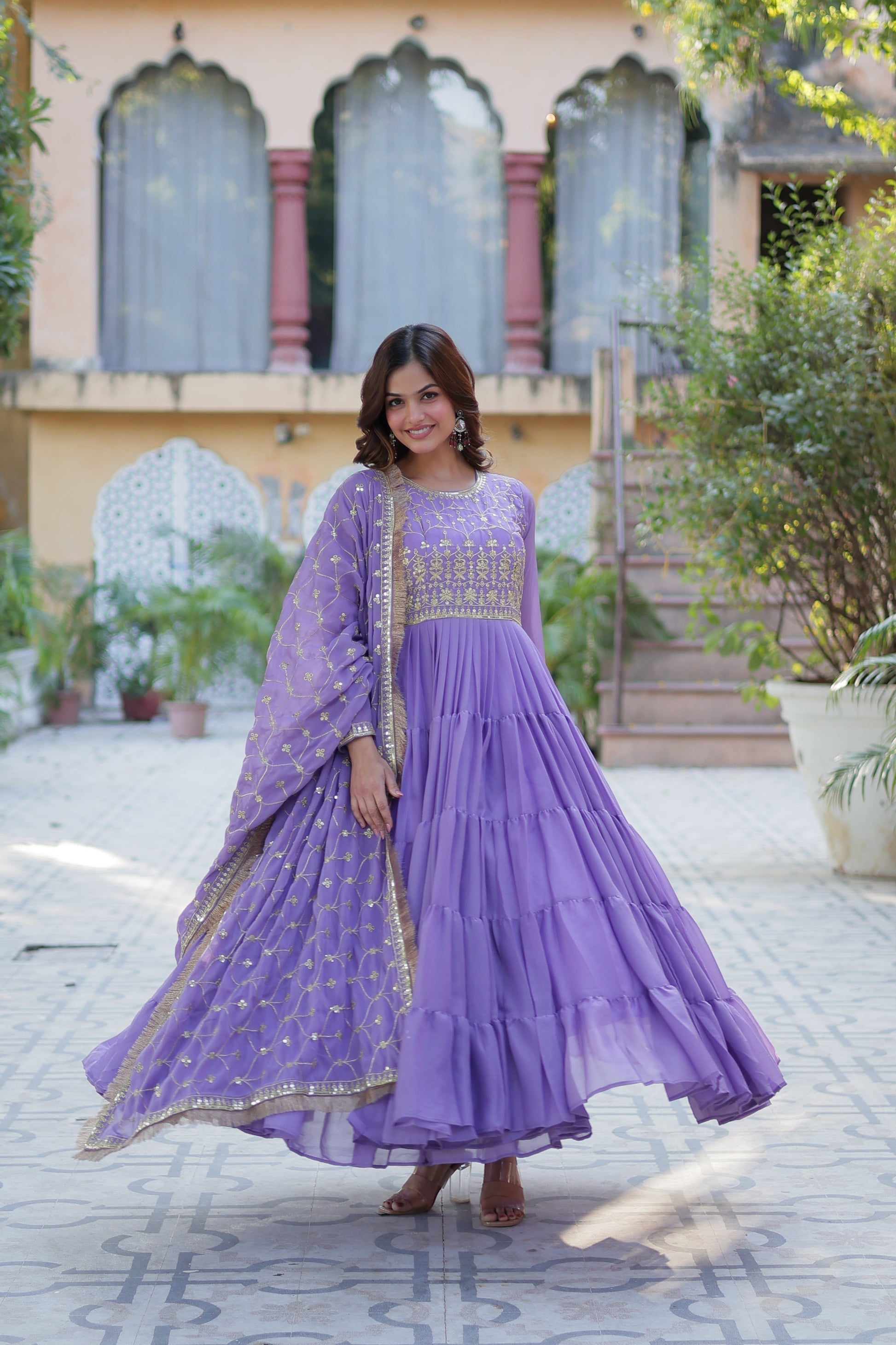 Minha purple embroidered flared anarkali gown set