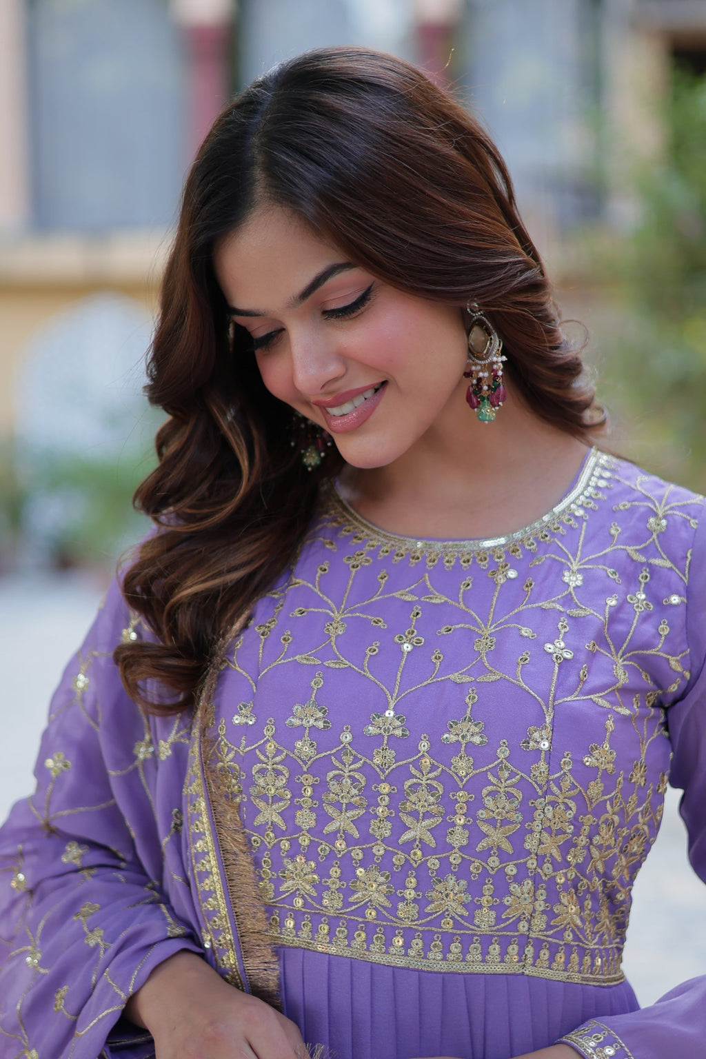 Minha purple embroidered flared anarkali gown set