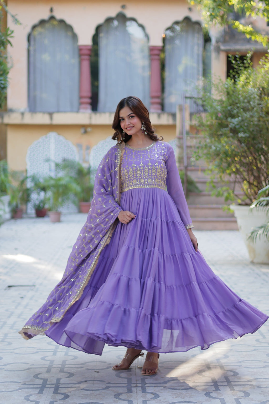 Minha purple embroidered flared anarkali gown set