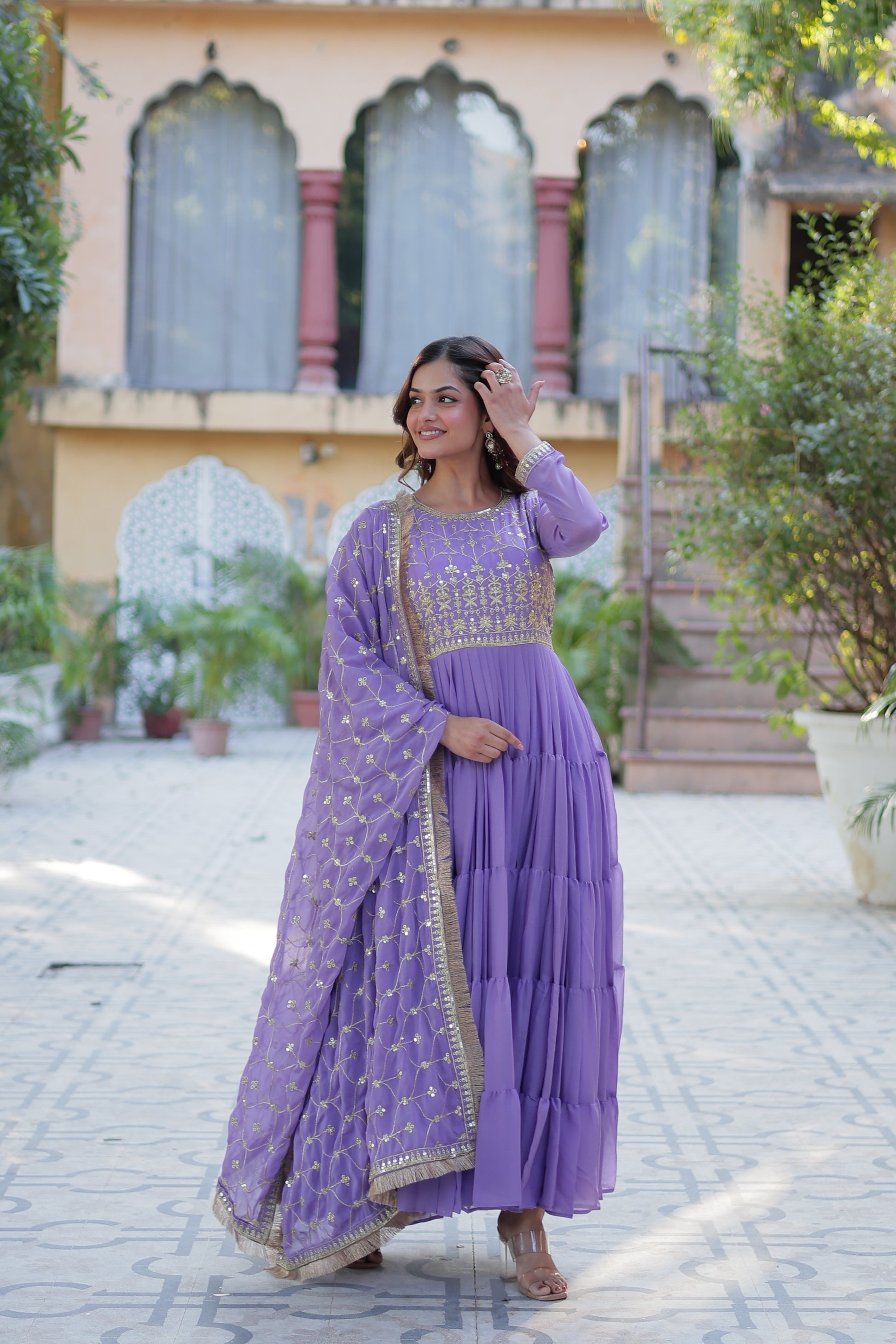 Minha purple embroidered flared anarkali gown set