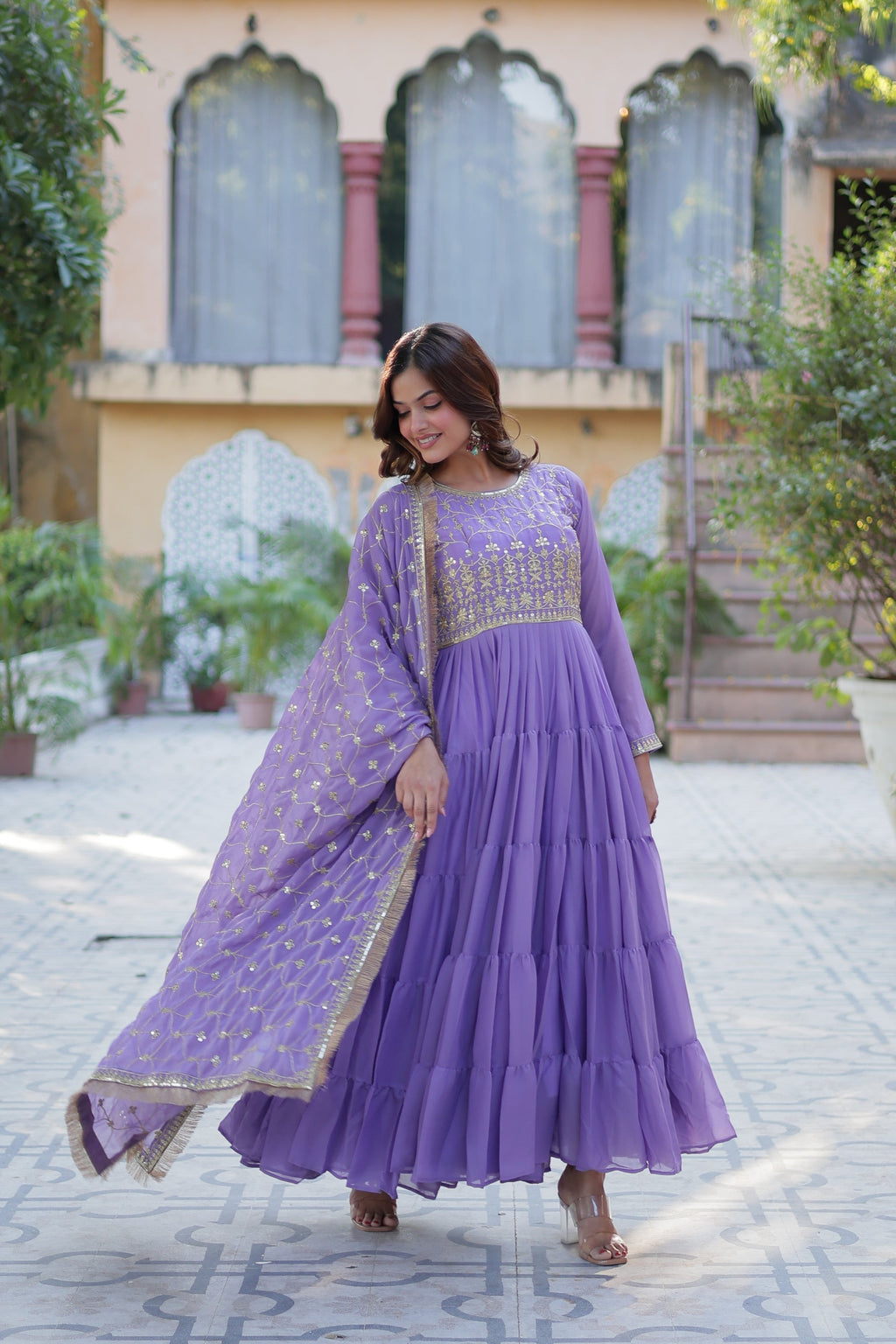 Minha purple embroidered flared anarkali gown set