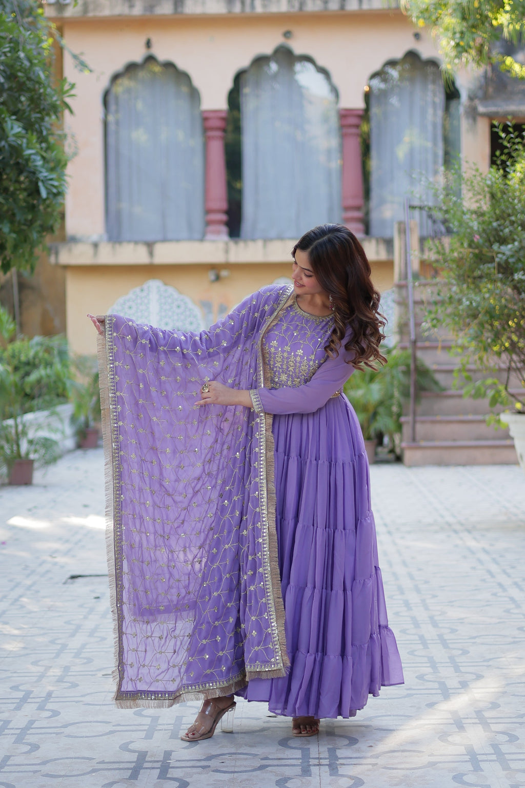 Minha purple embroidered flared anarkali gown set