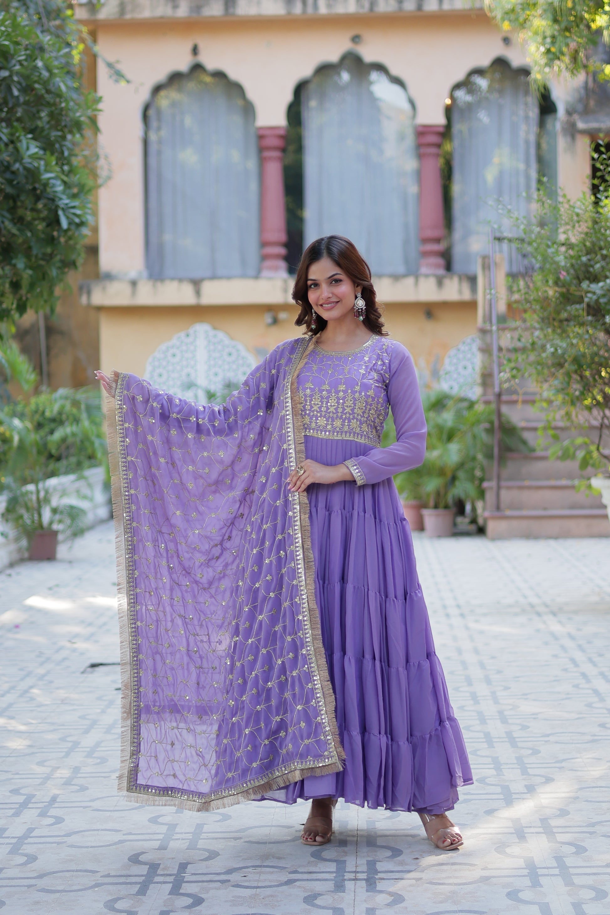 Minha purple embroidered flared anarkali gown set