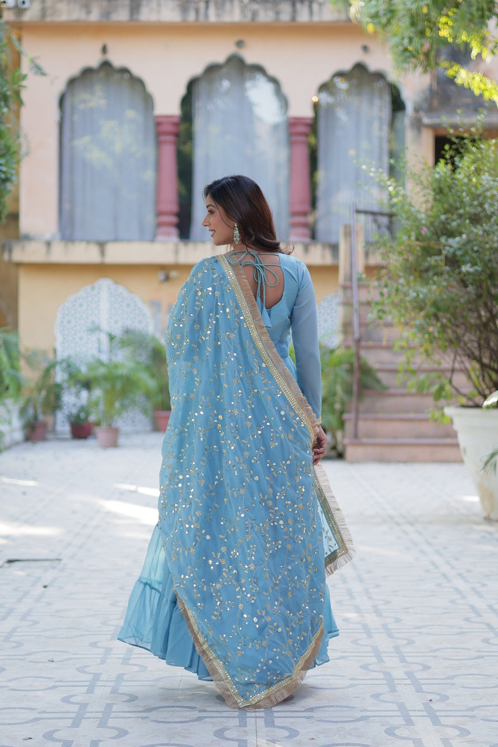 Minha sky blue embroidered flared anarkali gown set