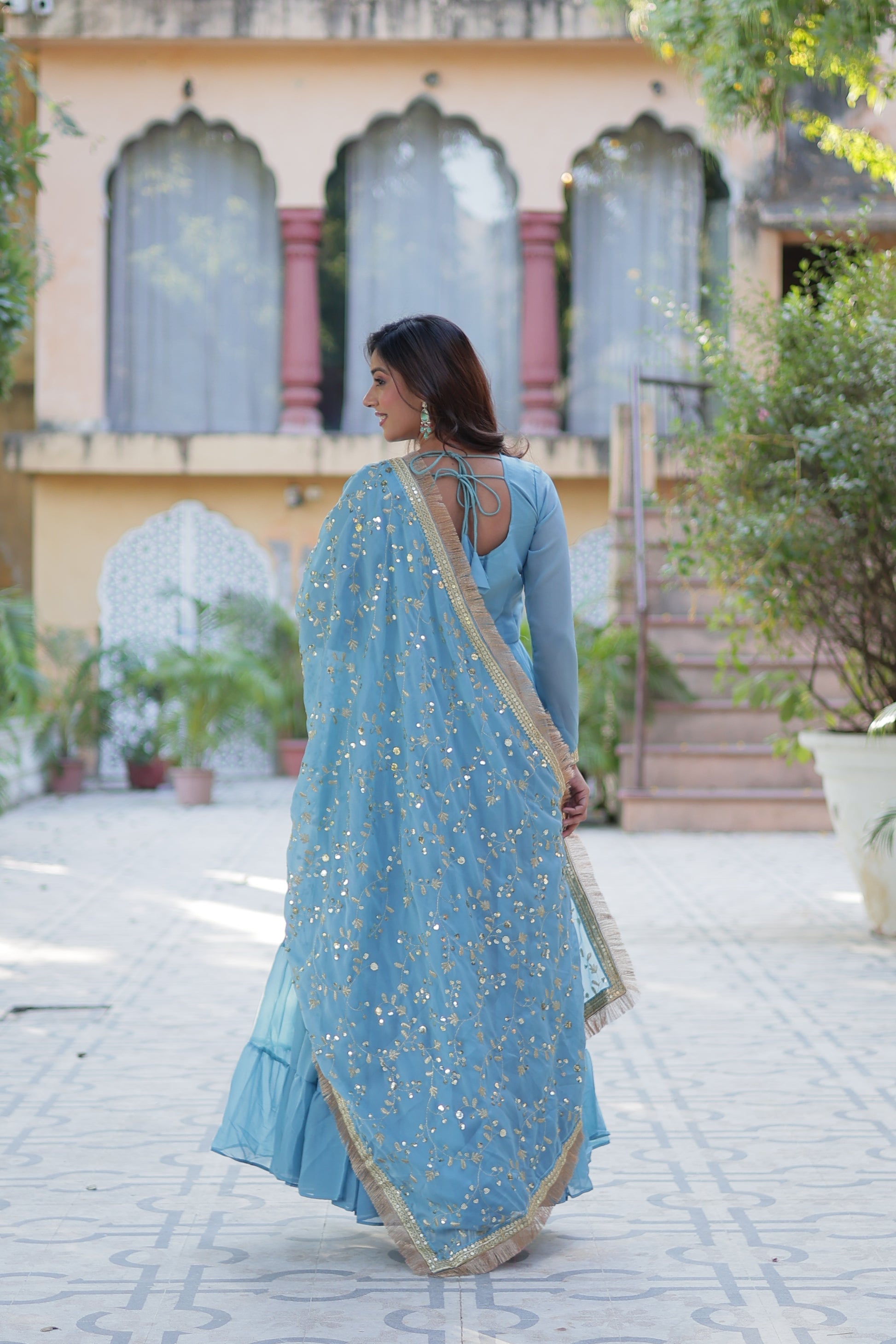 Minha sky blue embroidered flared anarkali gown set