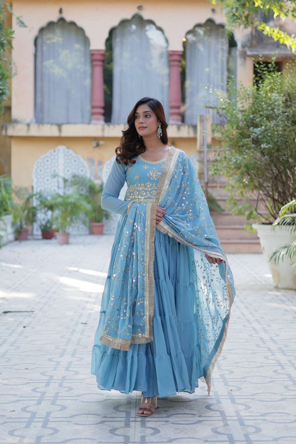 Minha sky blue embroidered flared anarkali gown set