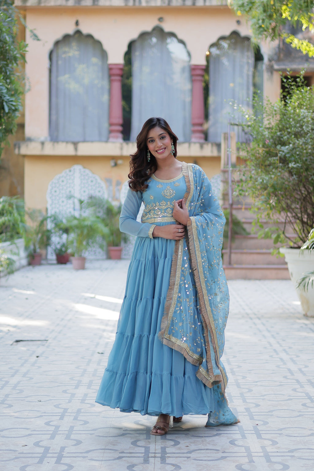 Minha sky blue embroidered flared anarkali gown set