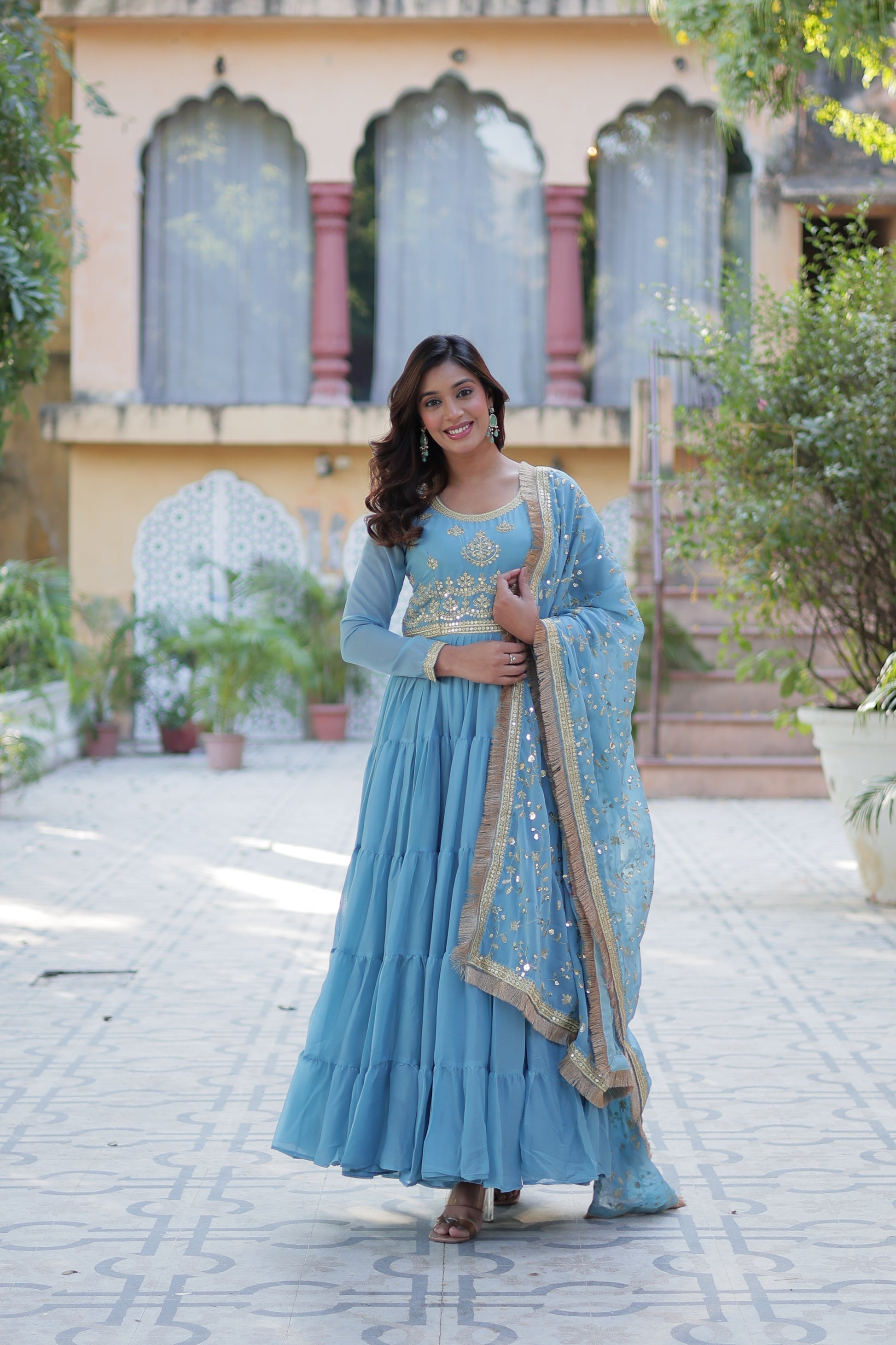 Minha sky blue embroidered flared anarkali gown set