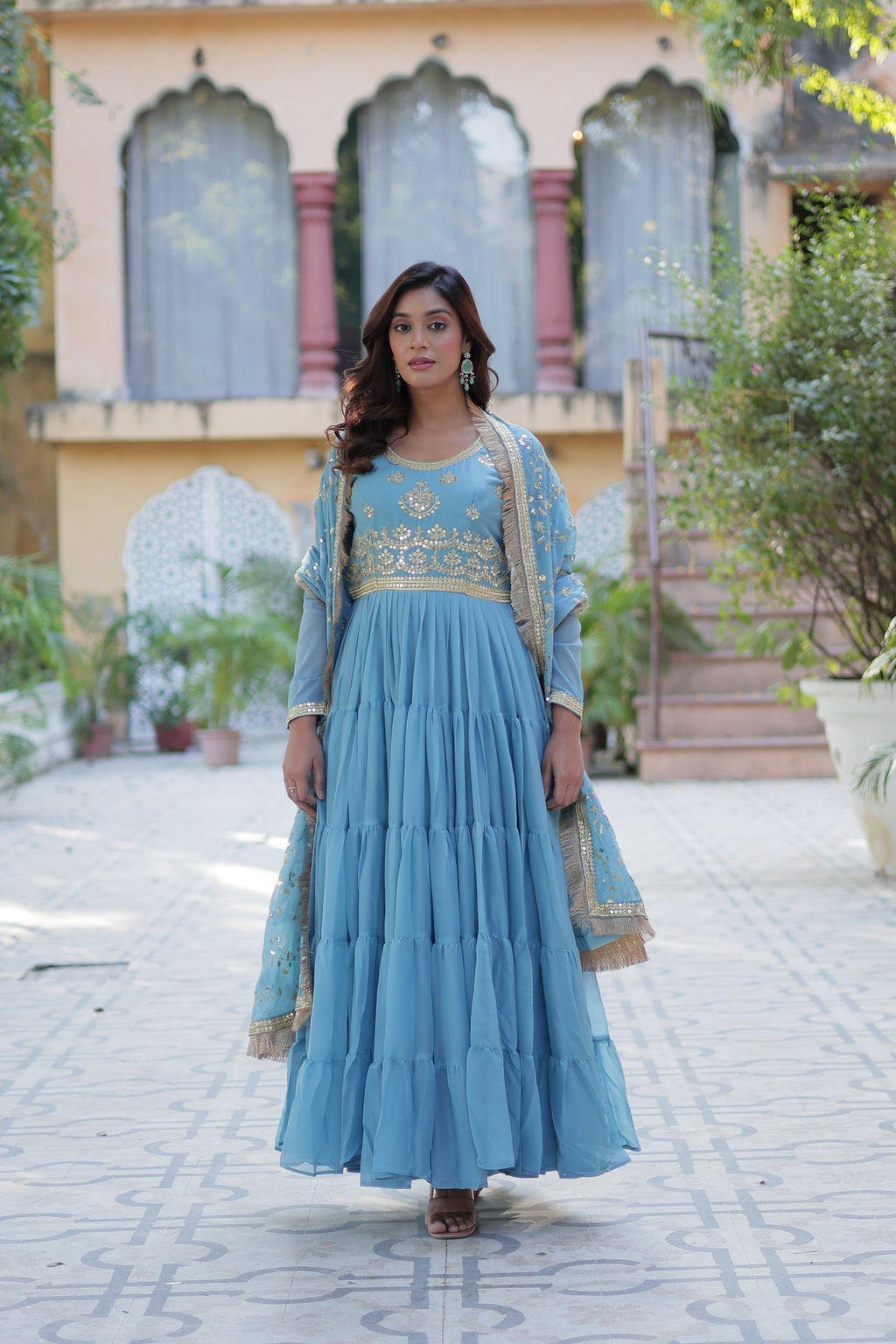 Minha sky blue embroidered flared anarkali gown set