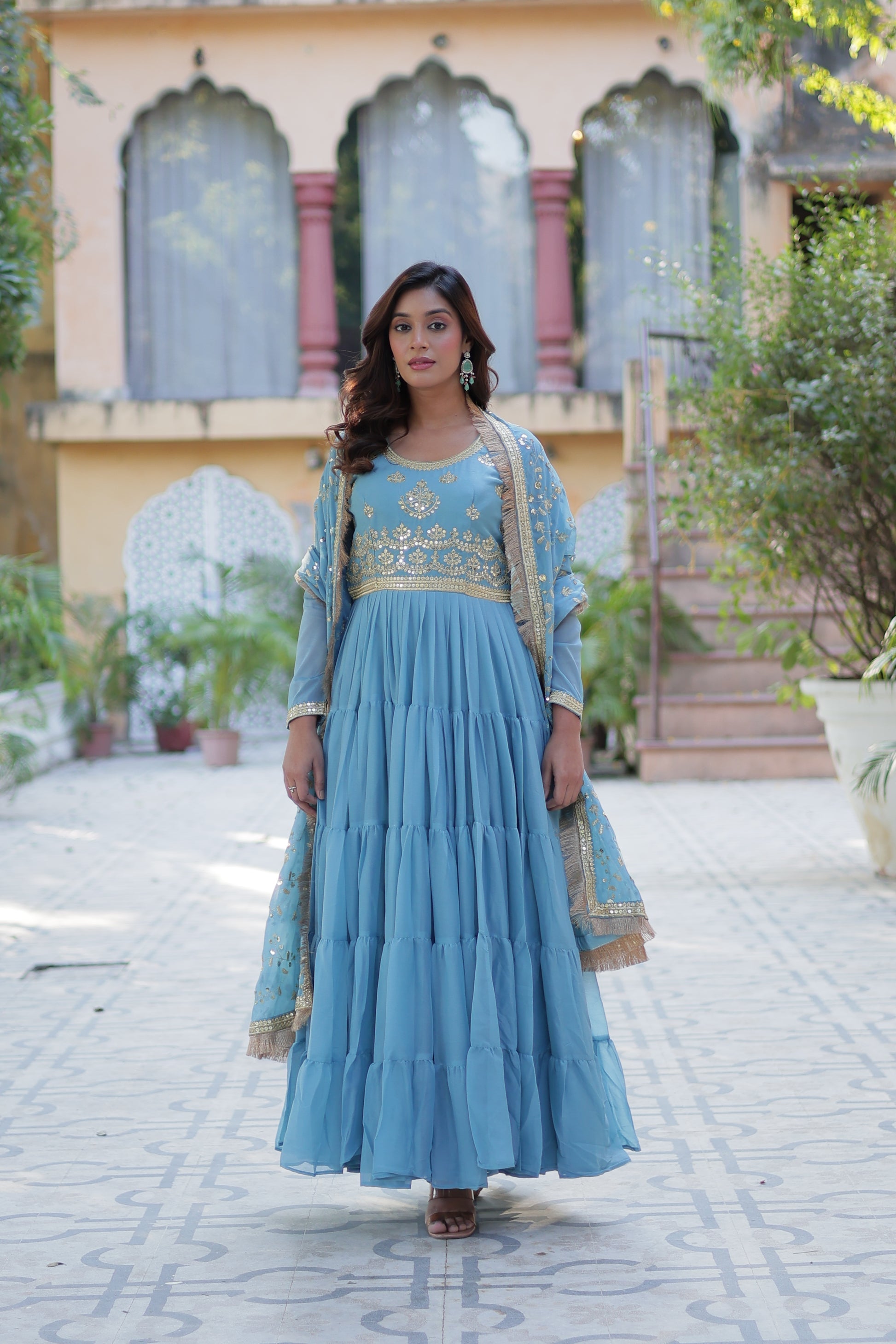 Minha sky blue embroidered flared anarkali gown set