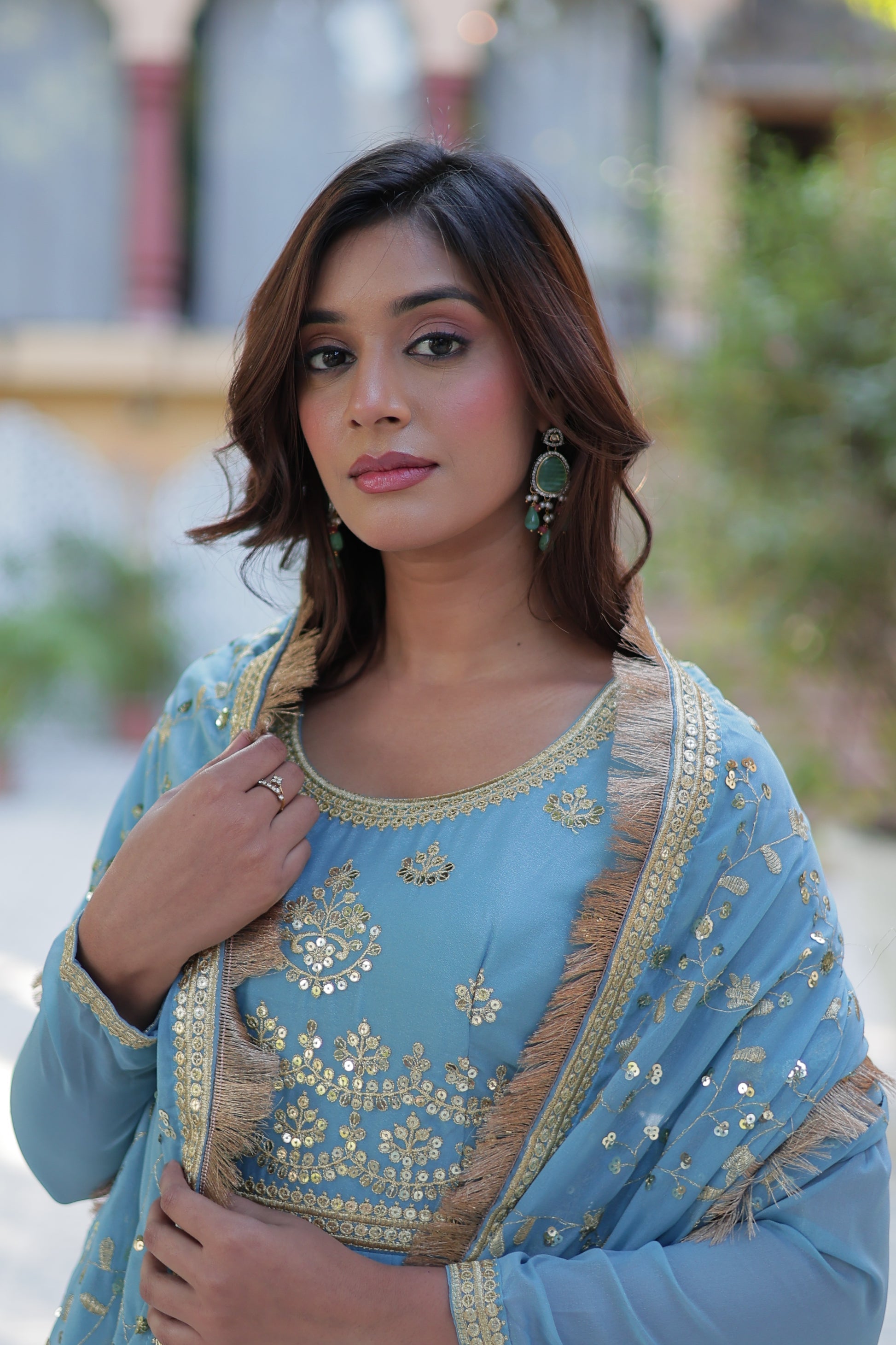 Minha sky blue embroidered flared anarkali gown set