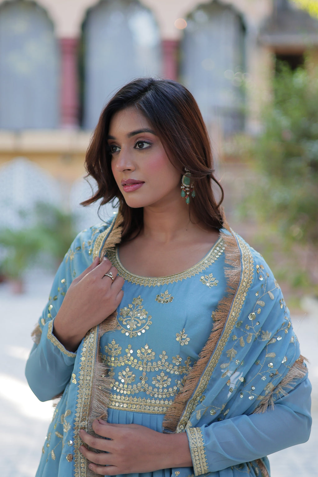 Minha sky blue embroidered flared anarkali gown set