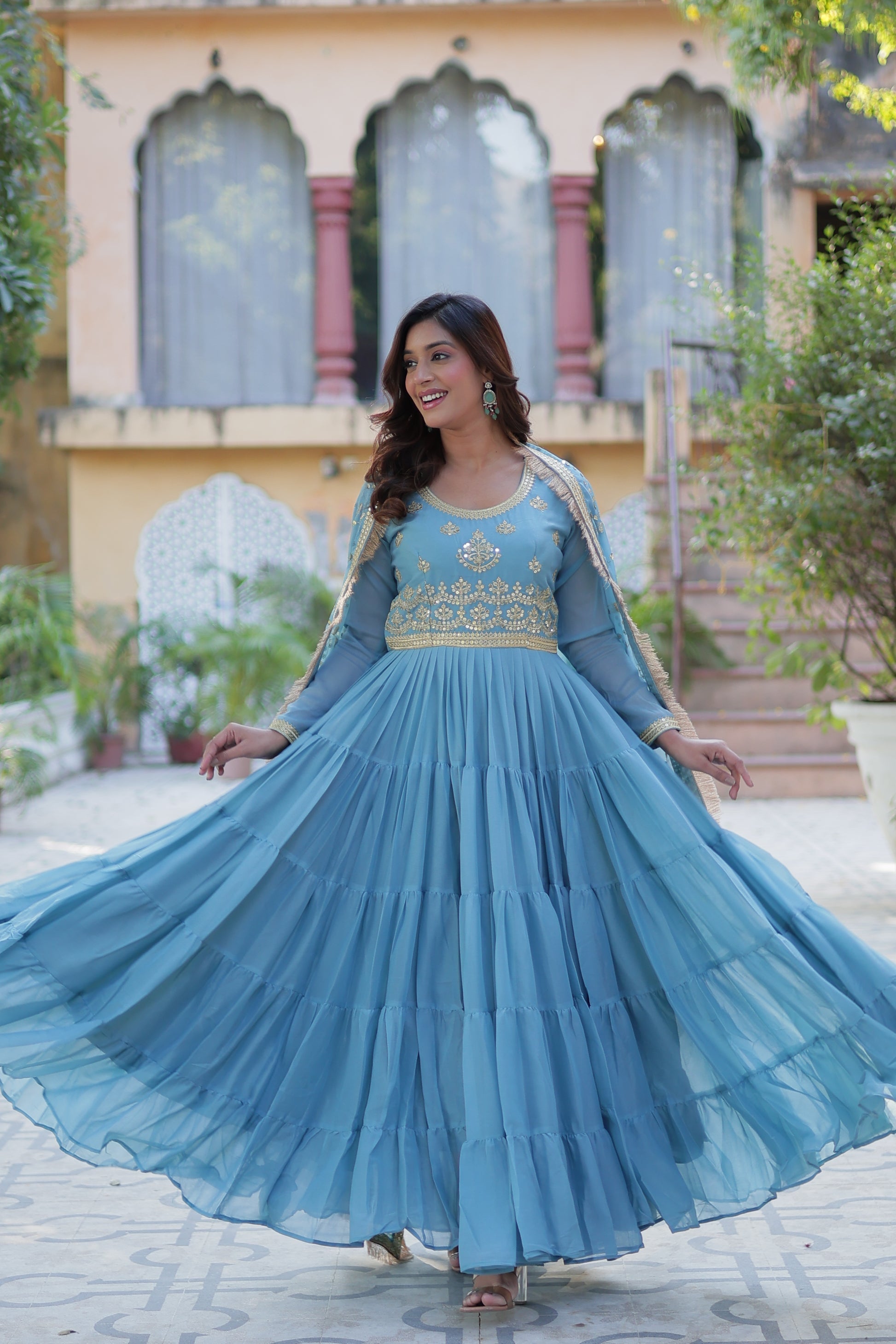 Minha sky blue embroidered flared anarkali gown set