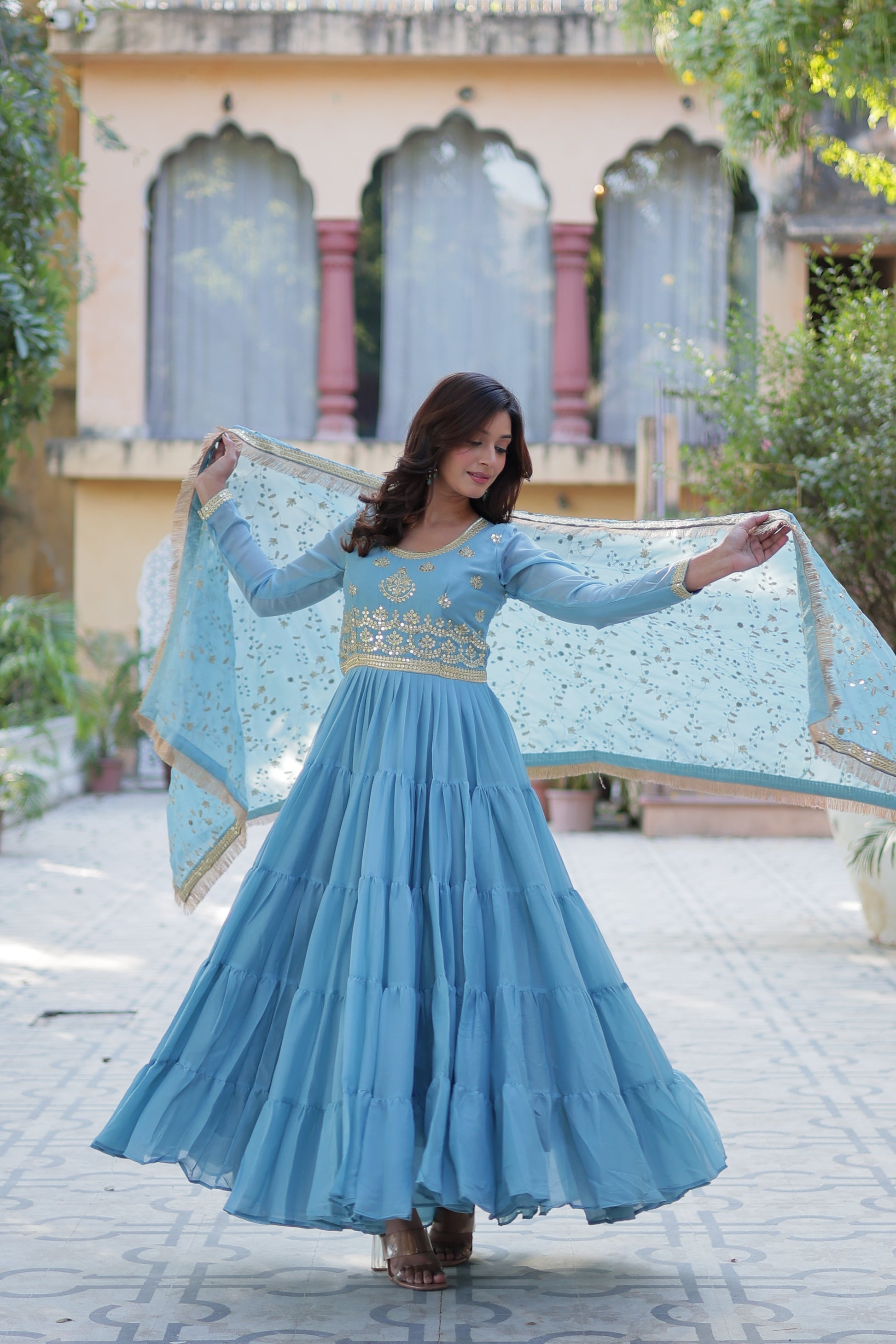 Minha sky blue embroidered flared anarkali gown set