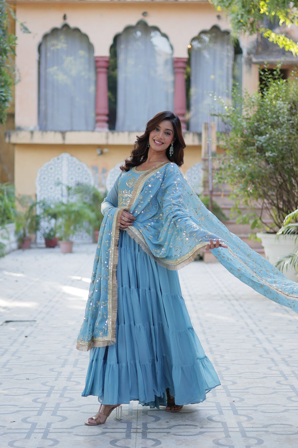Minha sky blue embroidered flared anarkali gown set