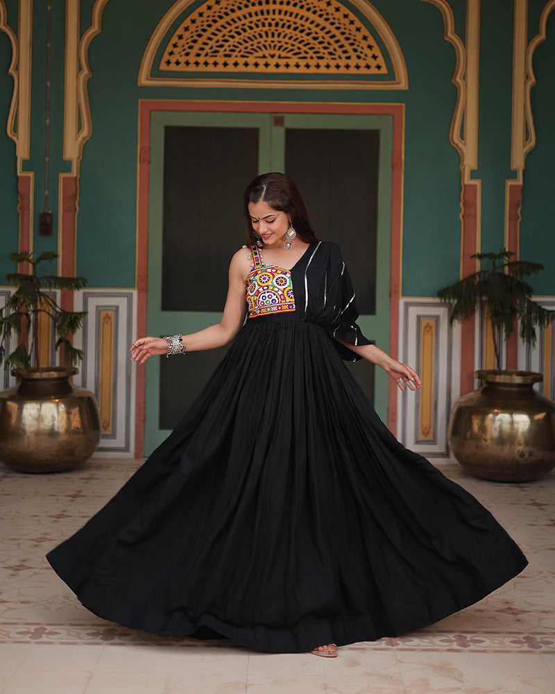 Black rayon Gamthi embroidered Miraan Navratri gown