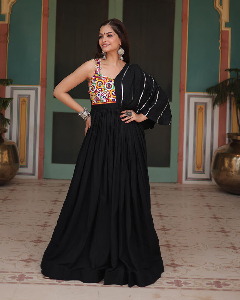 Black rayon Gamthi embroidered Miraan Navratri gown