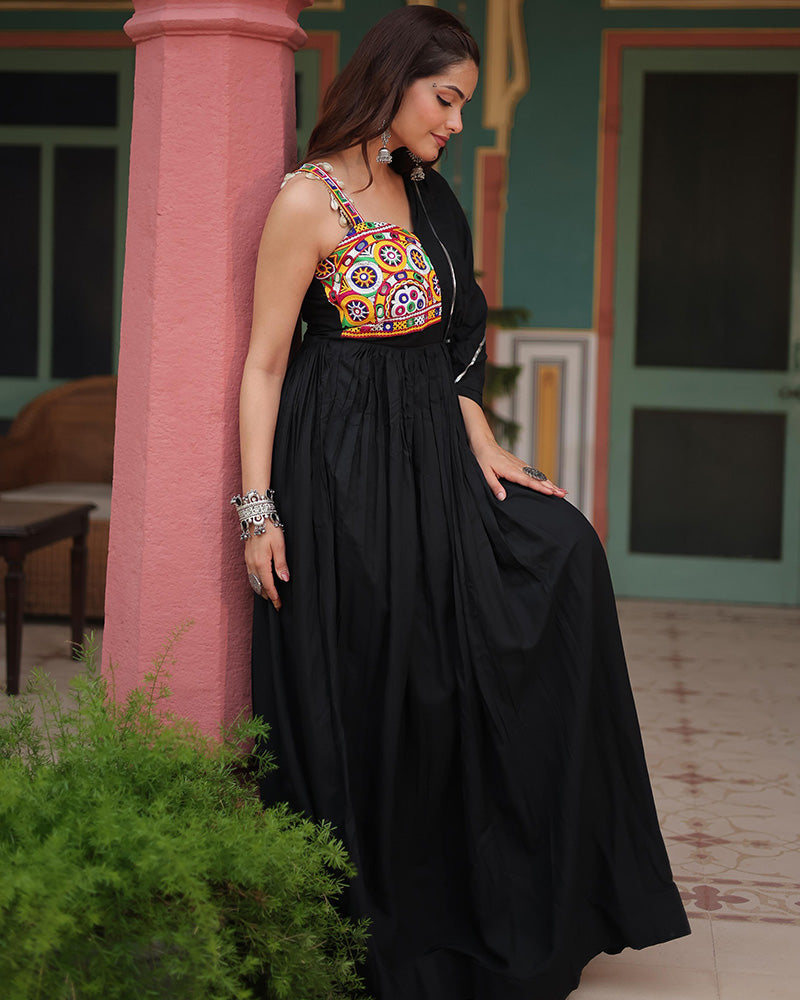 Black rayon Gamthi embroidered Miraan Navratri gown
