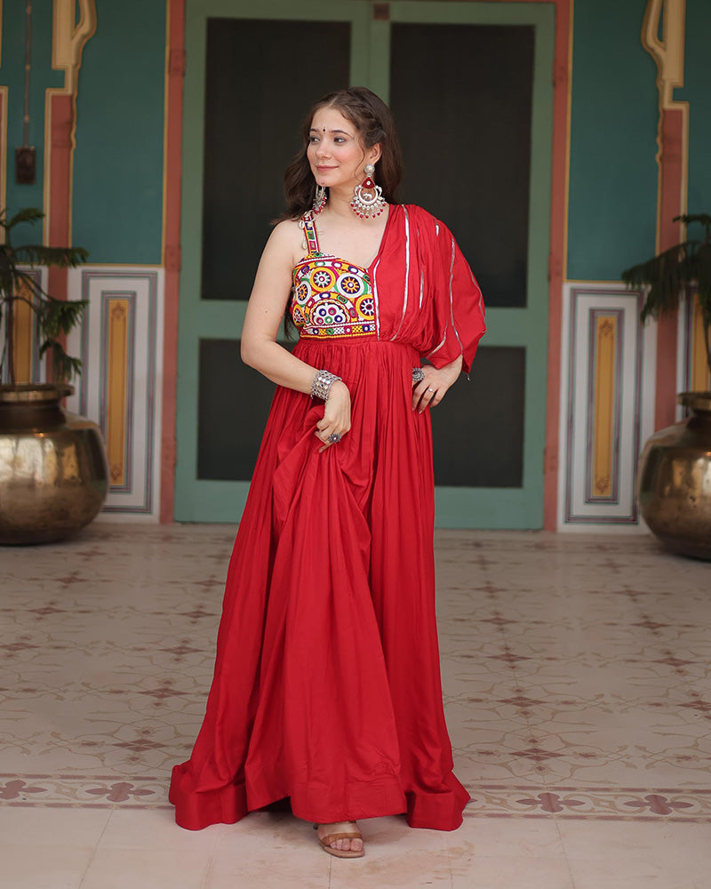 Miraan Maroon Rayon Gamthi Work Navratri Gown
