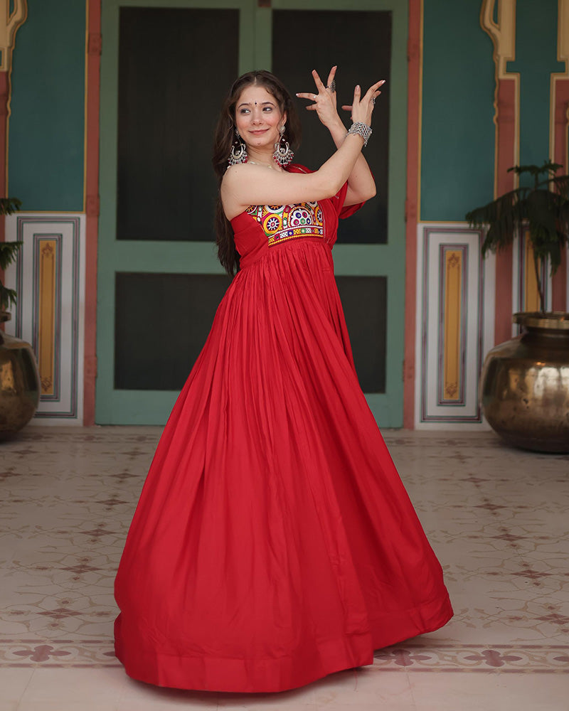 Miraan Maroon Rayon Gamthi Work Navratri Gown