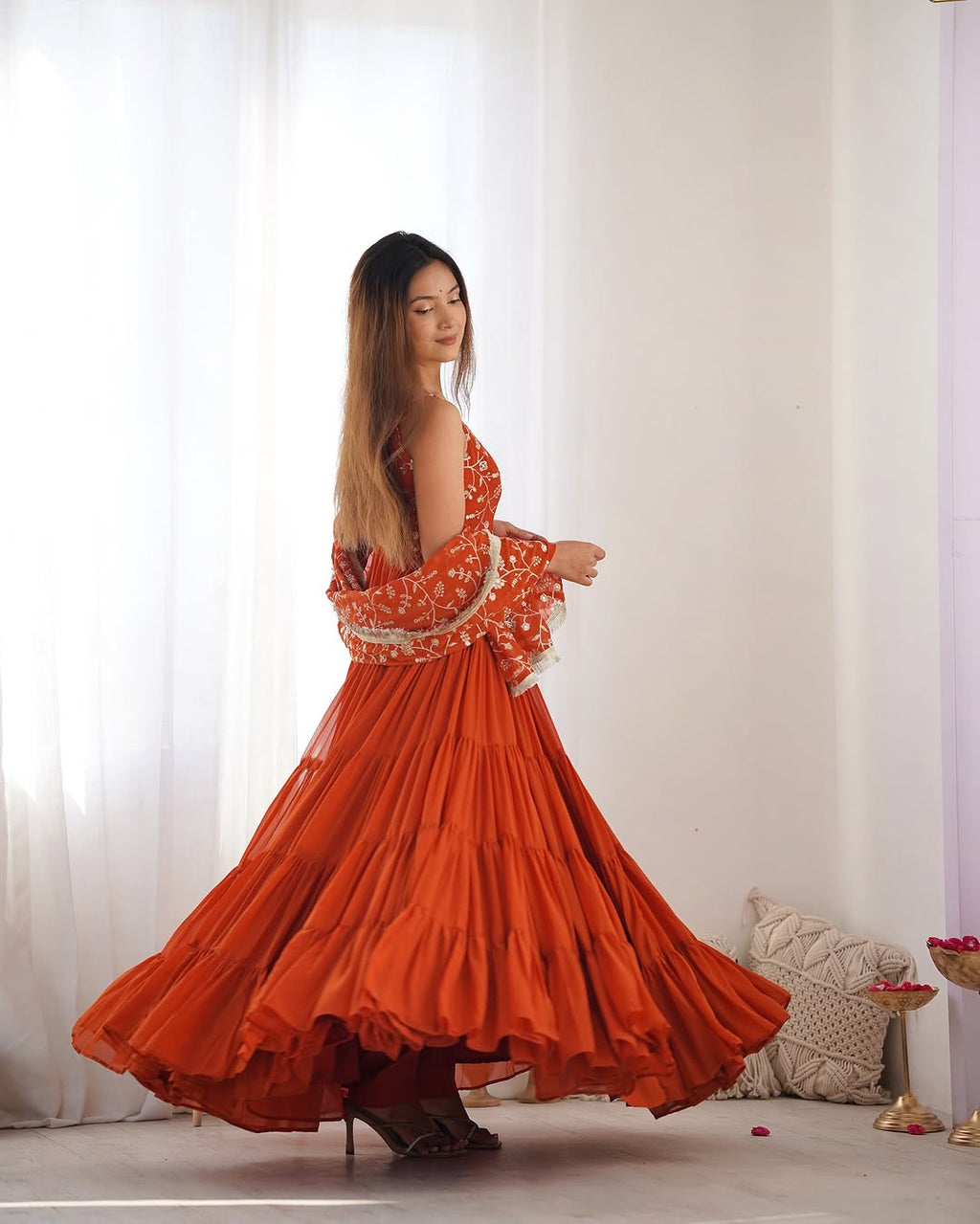 Misha orange soft fox georgette anarkali suit set with huge flair