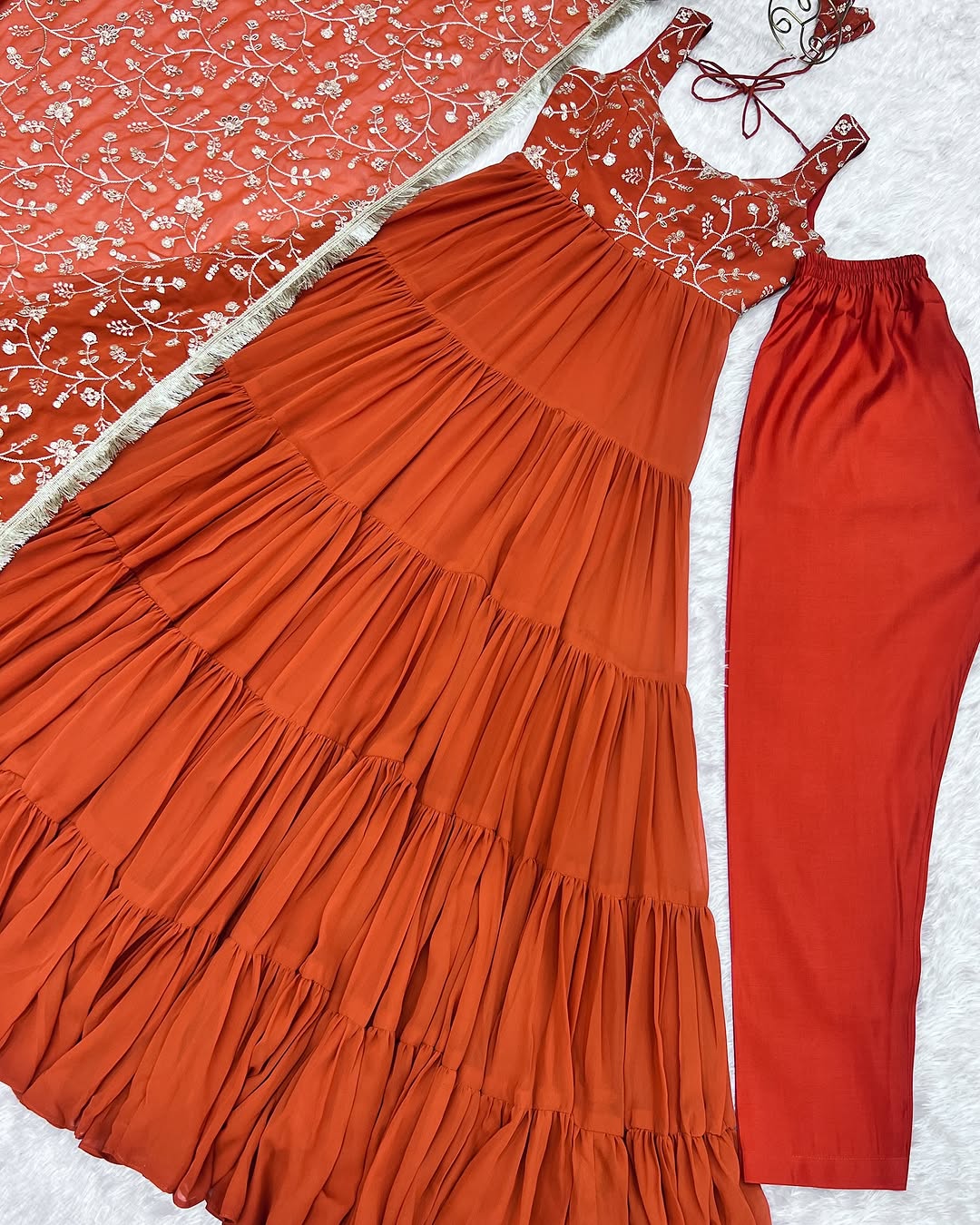 Misha orange soft fox georgette anarkali suit set with huge flair