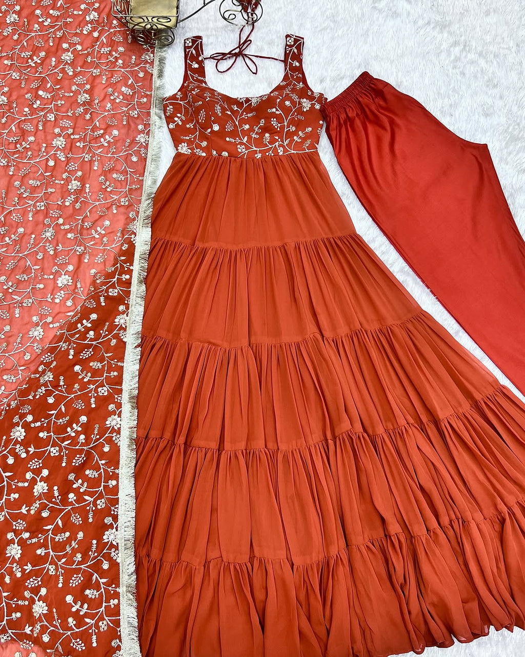 Misha orange soft fox georgette anarkali suit set with huge flair