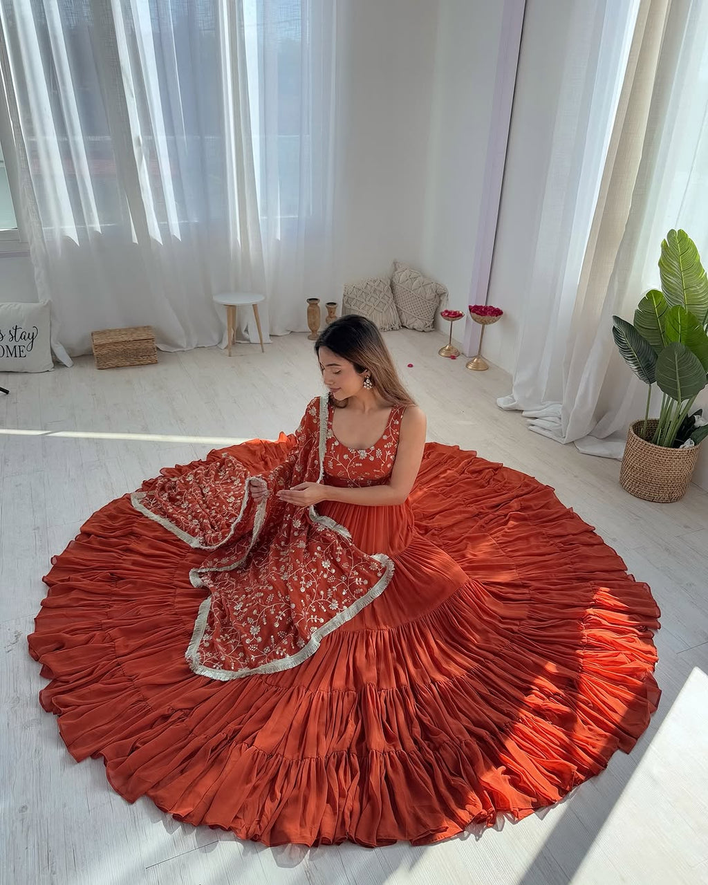 Misha orange soft fox georgette anarkali suit set with huge flair