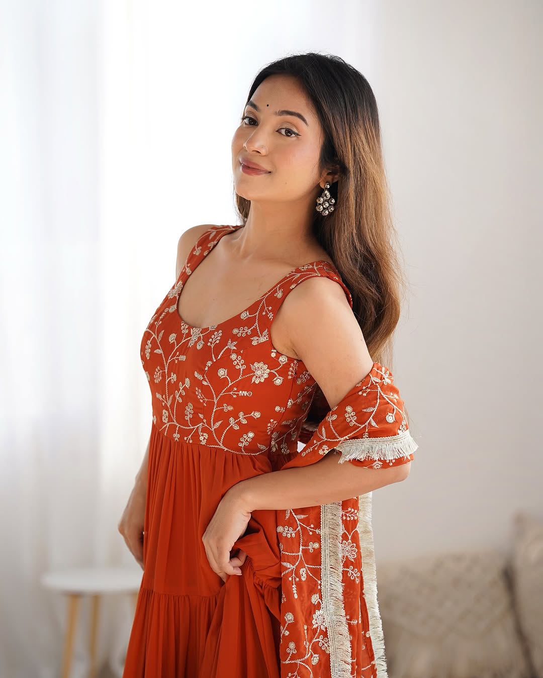 Misha orange soft fox georgette anarkali suit set with huge flair