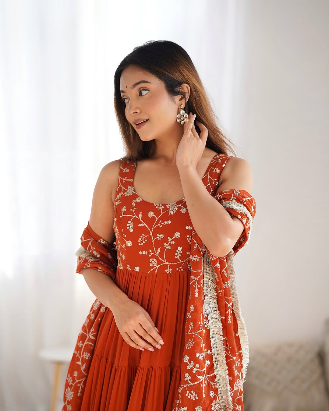 Misha orange soft fox georgette anarkali suit set with huge flair