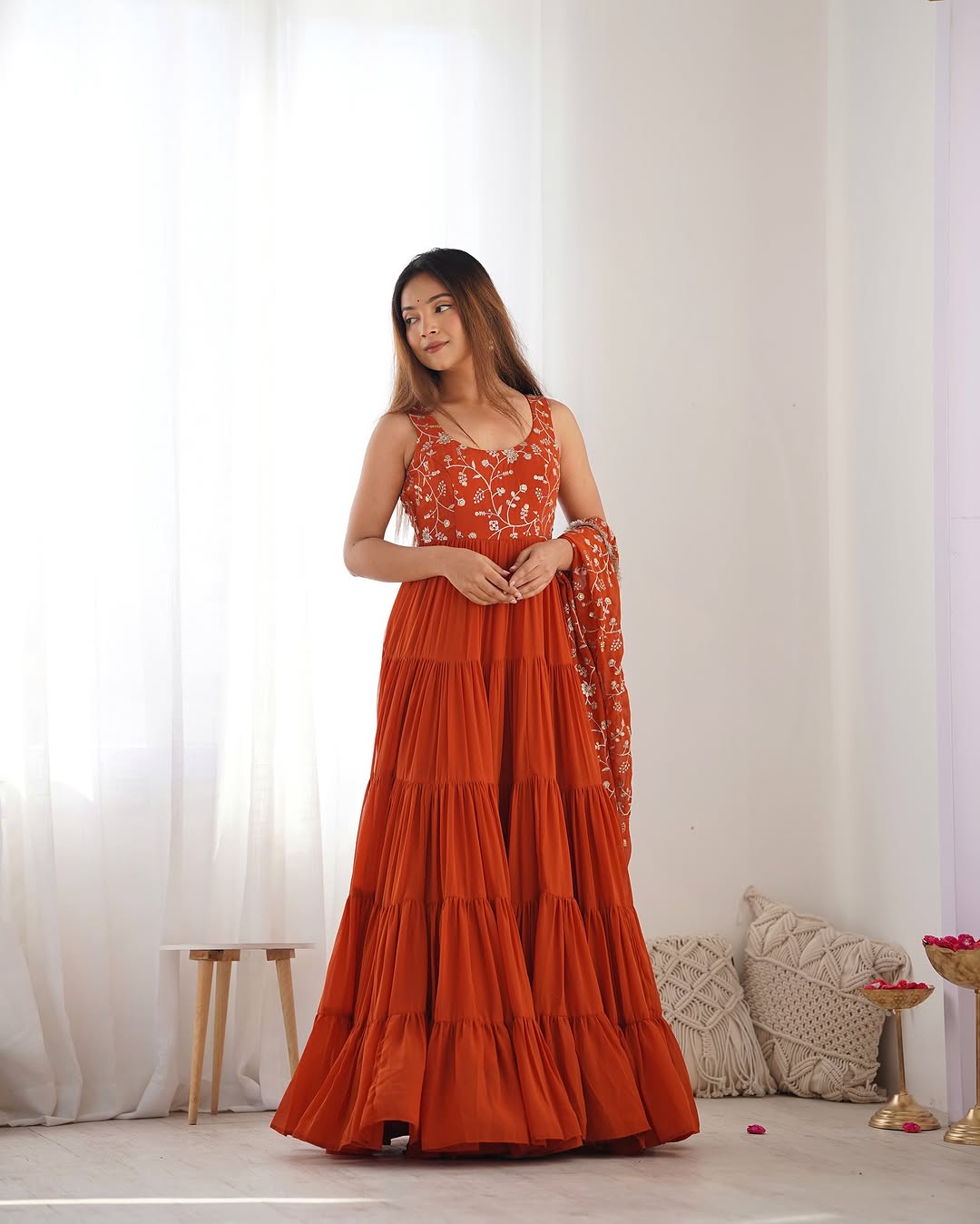 Misha orange soft fox georgette anarkali suit set with huge flair