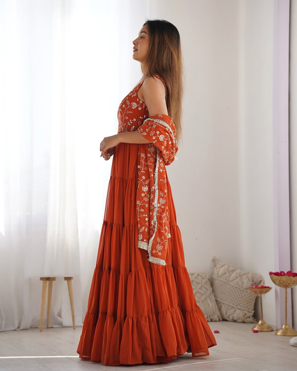 Misha orange soft fox georgette anarkali suit set with huge flair