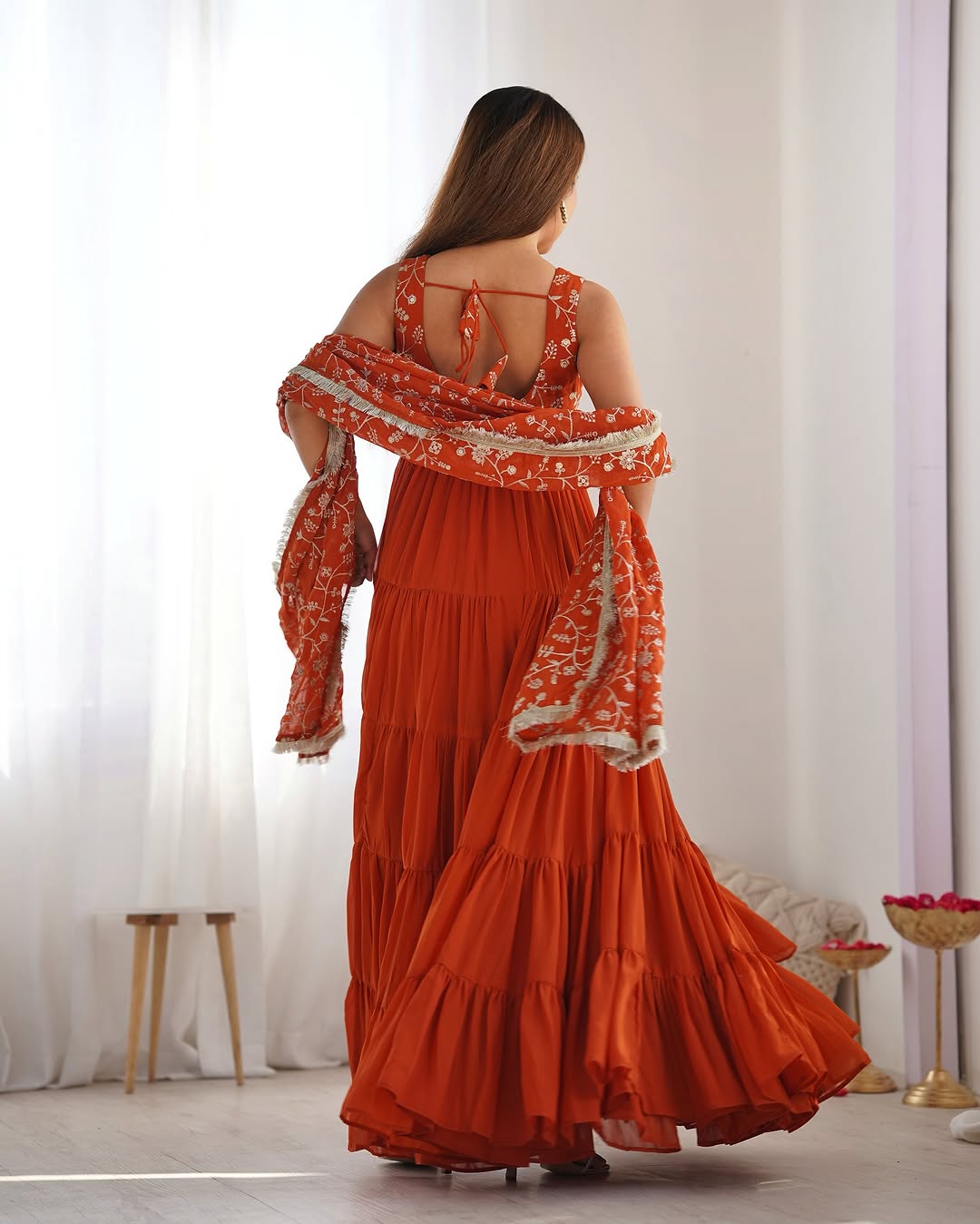 Misha orange soft fox georgette anarkali suit set with huge flair