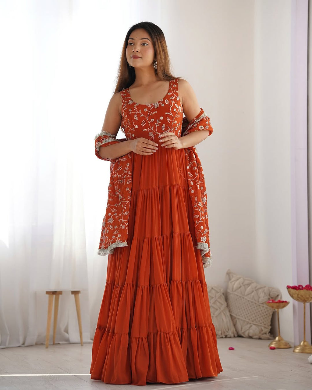 Misha orange soft fox georgette anarkali suit set with huge flair