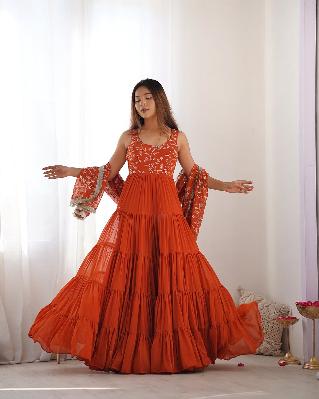 Misha orange soft fox georgette anarkali suit set with huge flair