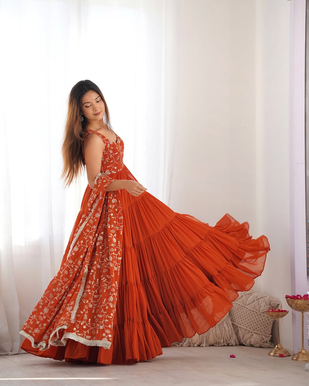 Misha orange soft fox georgette anarkali suit set with huge flair