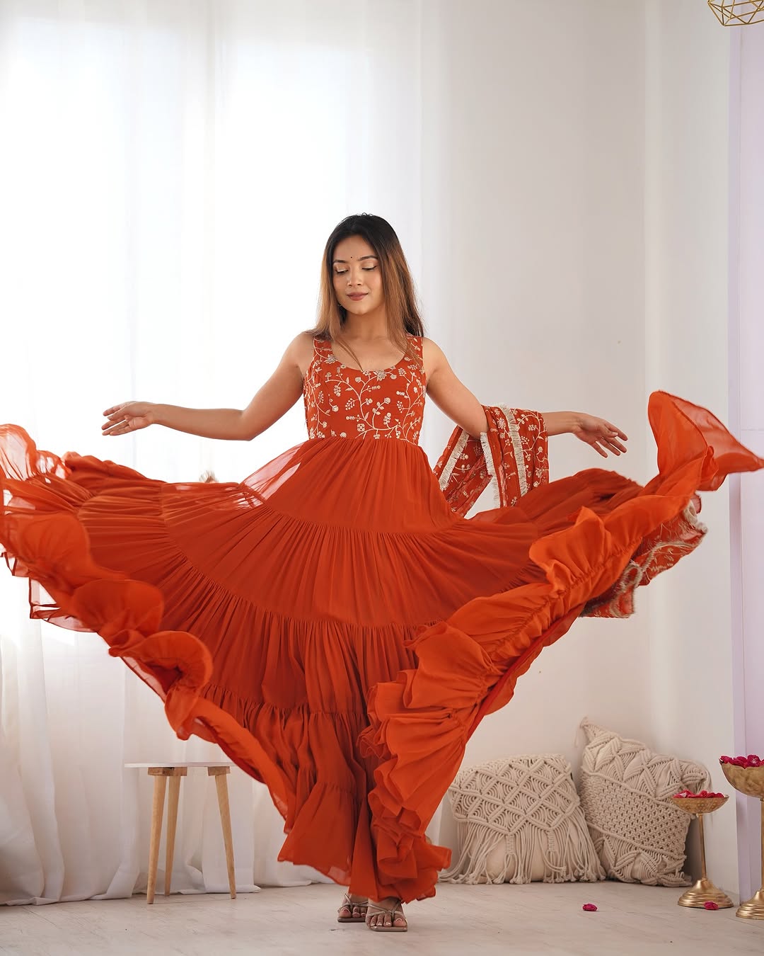 Misha orange soft fox georgette anarkali suit set with huge flair