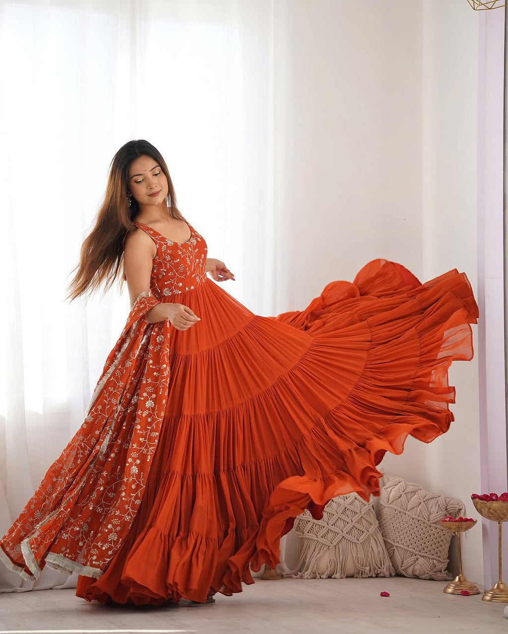 Misha orange soft fox georgette anarkali suit set with huge flair