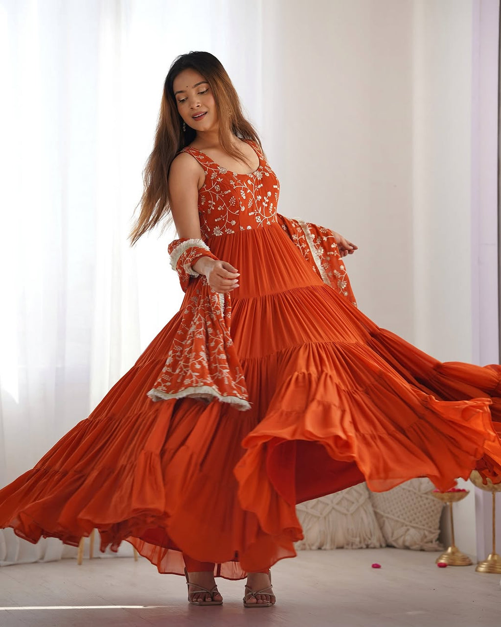 Misha orange soft fox georgette anarkali suit set with huge flair