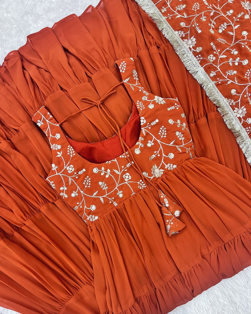Misha orange soft fox georgette anarkali suit set with huge flair
