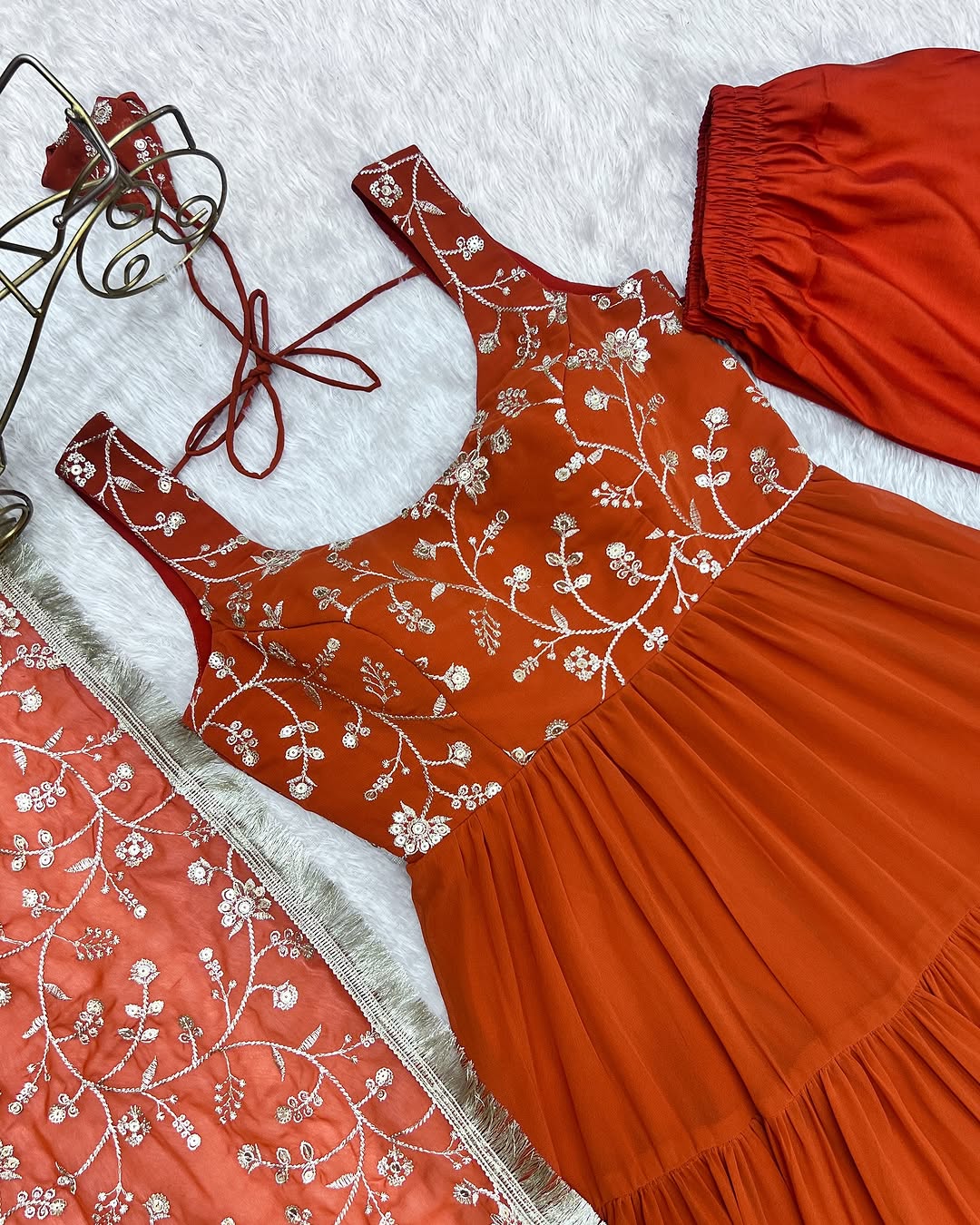 Misha orange soft fox georgette anarkali suit set with huge flair