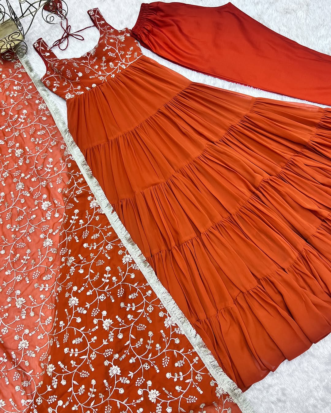 Misha orange soft fox georgette anarkali suit set with huge flair
