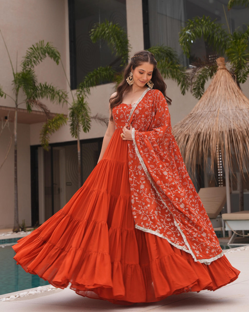 Misha orange soft fox georgette anarkali suit set